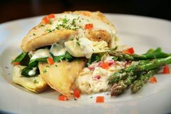 Teller mit Hähnchenbrustfilet, Sauce und Spargel