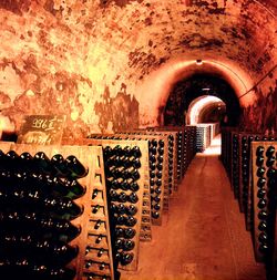 Regale mit Champagnerflaschen in einem Gewölbekeller